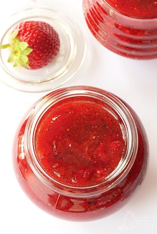 Overhead closeup photo of a Weck canning jar filled with Strawberry Balsamic Black Pepper Jam.