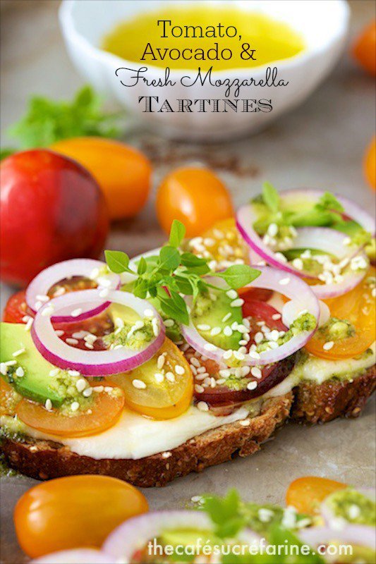 Tomato, Avocado and Fresh Mozzarella Tartines - they are the epitome of fresh! A delightful, French-influenced open-faced sandwich, they are full of flavor! www.thecafesucrefarine.com