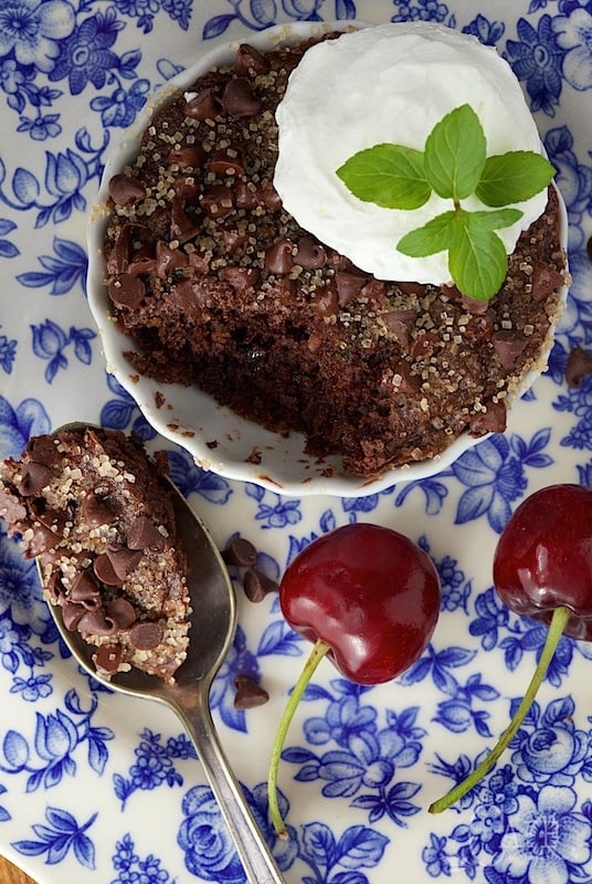 Overhead picture of Chocolate Cherry Zucchini Cakes on a white and blue plate garnished with whipped cream and cherries