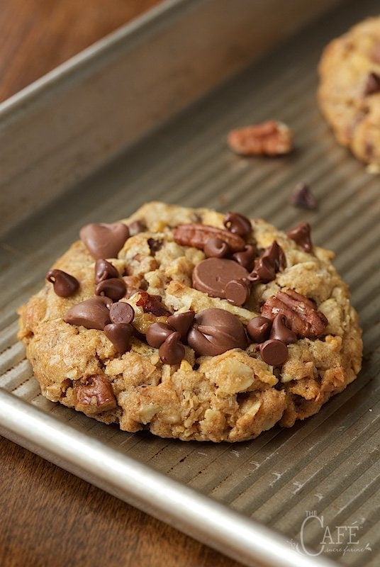 Toffee Cowboy Cookies - an old classic treat with a few fun twists, these delicious cookies are loaded with chocolate chips, sweet toffee bits and crisp toasted pecans. www.thecafesucrefarine.com