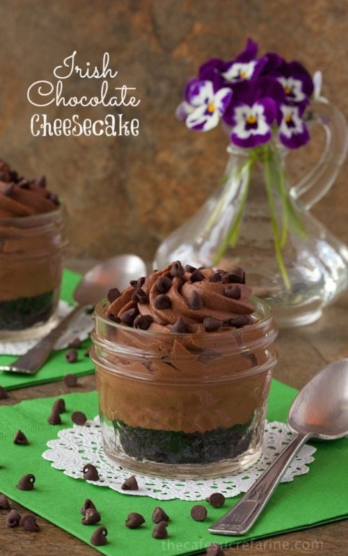 Irish Chocolate Cheesecakes - in a jar! So rich, so decadent, so delightful ... and ... so portable! Take them anywhere and enjoy! thecafesucrefarine.com