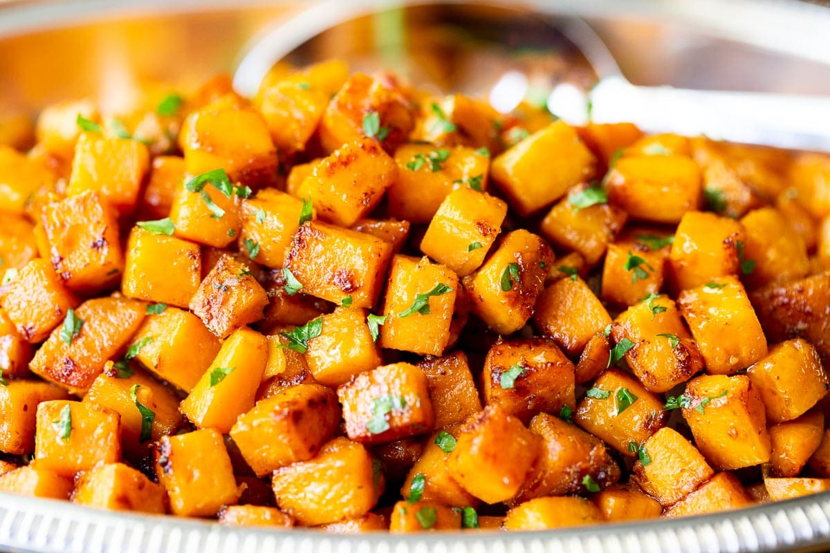 Horizontal extreme closeup photo of 20-Minute Caramelized Sweet Potatoes.