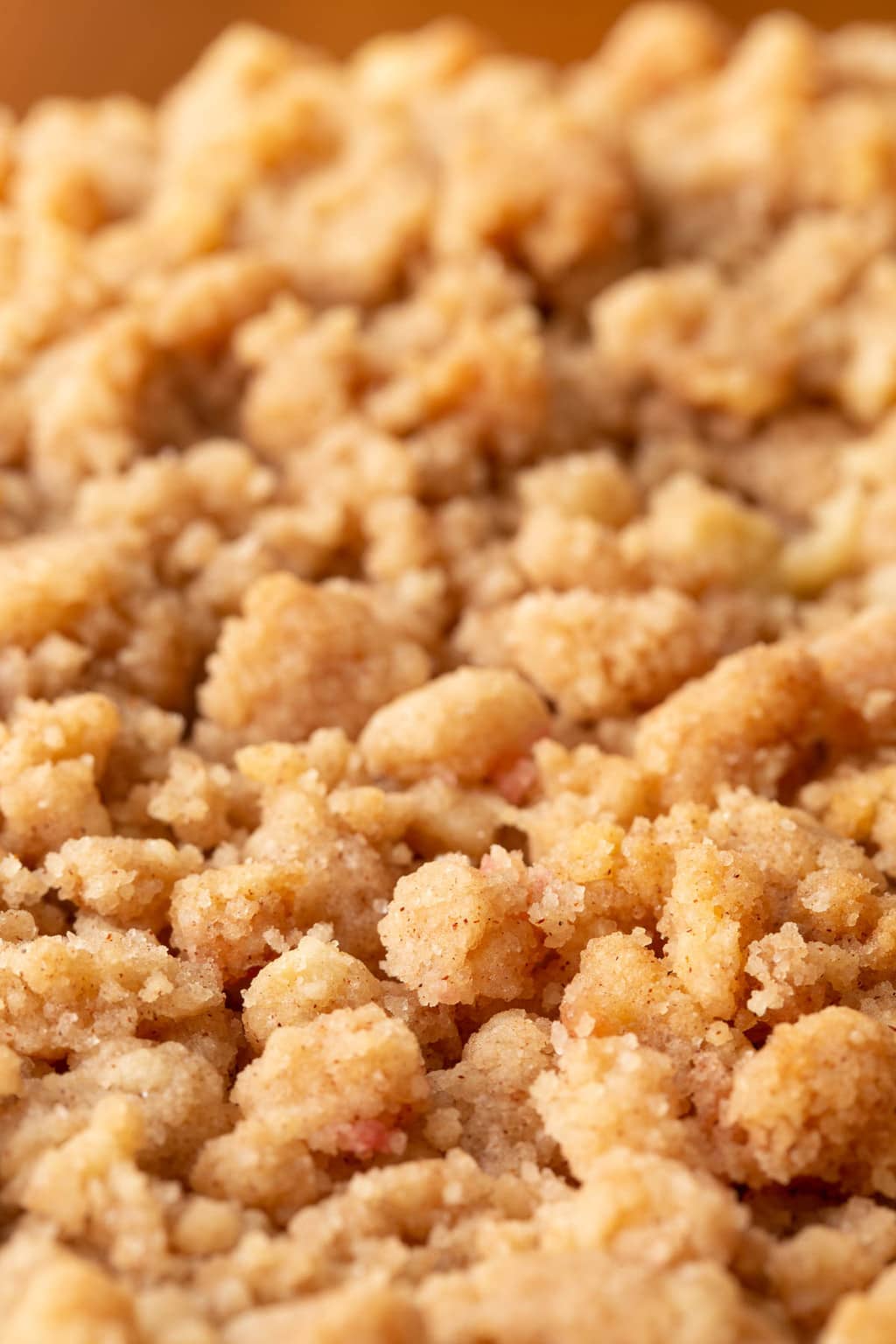 Vertical extreme closeup photo of the crumble topping on an Easy Overnight Coffee Cake.