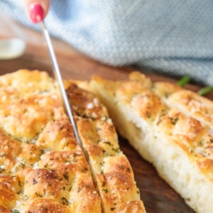 Vertical picture of Easy Focaccia Bread cut into slices