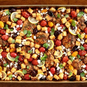 Horizontal overhead photo of Mediterranean Sheet Pan Chicken.