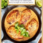 Vertical overhead closeup photo of Coconut Braised Chicken Breasts in a black cast iron skillet.