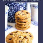 Vertical photo of a batch of The BEST Chocolate Chip Cookies with a word graphic at the top of the photo framed in blue.