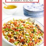 Vertical photo of a Chopped Mediterranean Farro Salad on a white serving platter with blue trim. A text title block is at the top of the post.