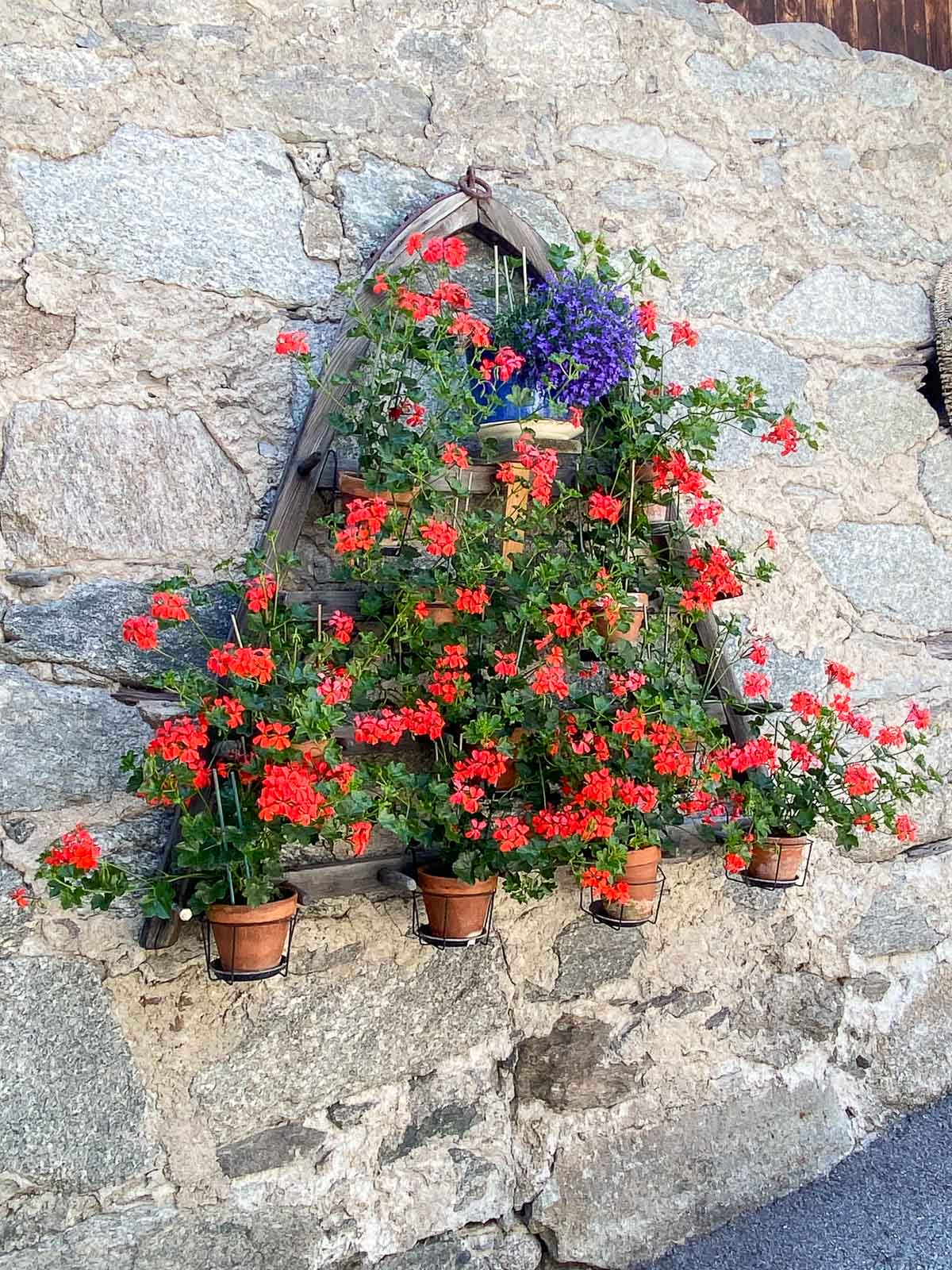 Vertical photo of a stone wall of a house festooned with flowers in Argentiére, France.