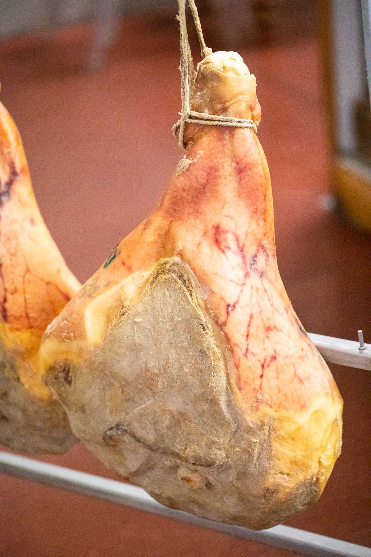 Vertical closeup photo of a piece of meat used in the process of making Prosciutto crudo Saint Marcel.