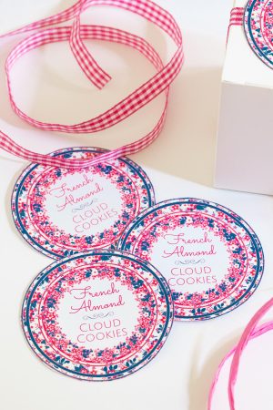 pink and blue custom labels for the French Almond Cloud Cookies with pink gingham ribbon