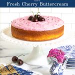 Vertical photo of an Easy French Almond Cake on a white glass pedestal cake stand with a title graphic at the top of the photo.