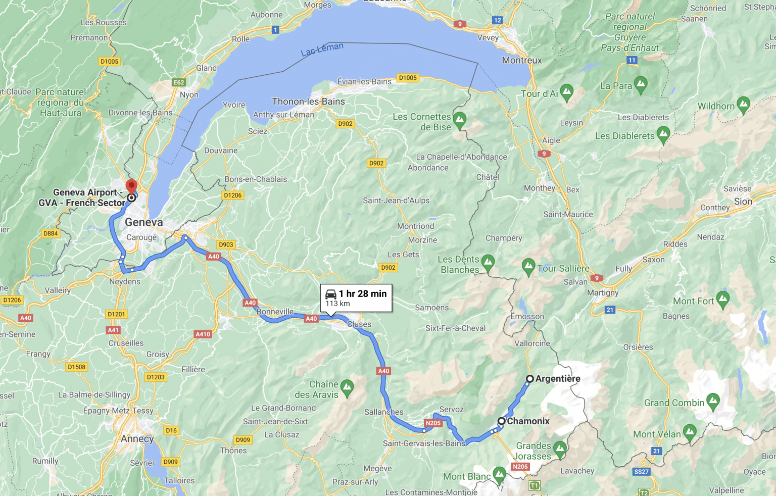 A Slice of Heaven, Two Weeks in the French Alps - thecafesucrefarine.com Horizontal map of the Alps region of Europe bordering Italy, France and Switzerland. The map shows the route from Geneva to Argentière, France.