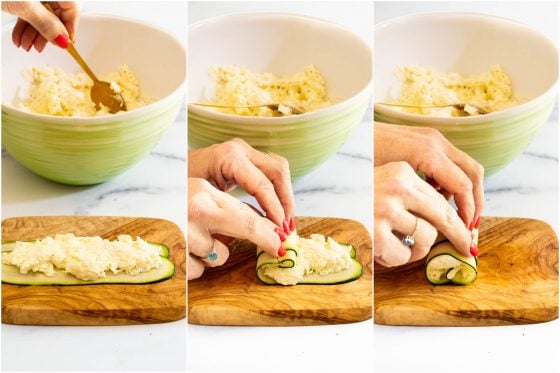 Horizontal 3-photo collage of process shots demonstrating how to roll up the stuffed zucchini ribbons for making Make-Ahead Italian Zucchini Involtini.