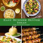 Vertical 4-photo collage of Easy Summer Dinner Ideas with a word graphic in a green background across the center.