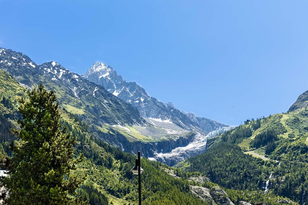Horizontal photo of the Alps Mountains and a glacier near Argentière, France.