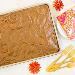 Horizontal overhead photo of a Ridiculously Easy Caramel Buttermilk Sheet Cake with caramel icing.