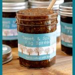 Vertical closeup photo of jars of Sweet and Spicy Fig Spread with custom decorated gift labels on each jar.
