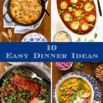 Vertical 4 photo collage of Easy Fall Dinner Ideas with a blue banded text graphic running through the center.