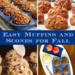 Vertical 4-photo collage of Easy Muffins and Scones for Fall with a blue banded title graphic in the center.