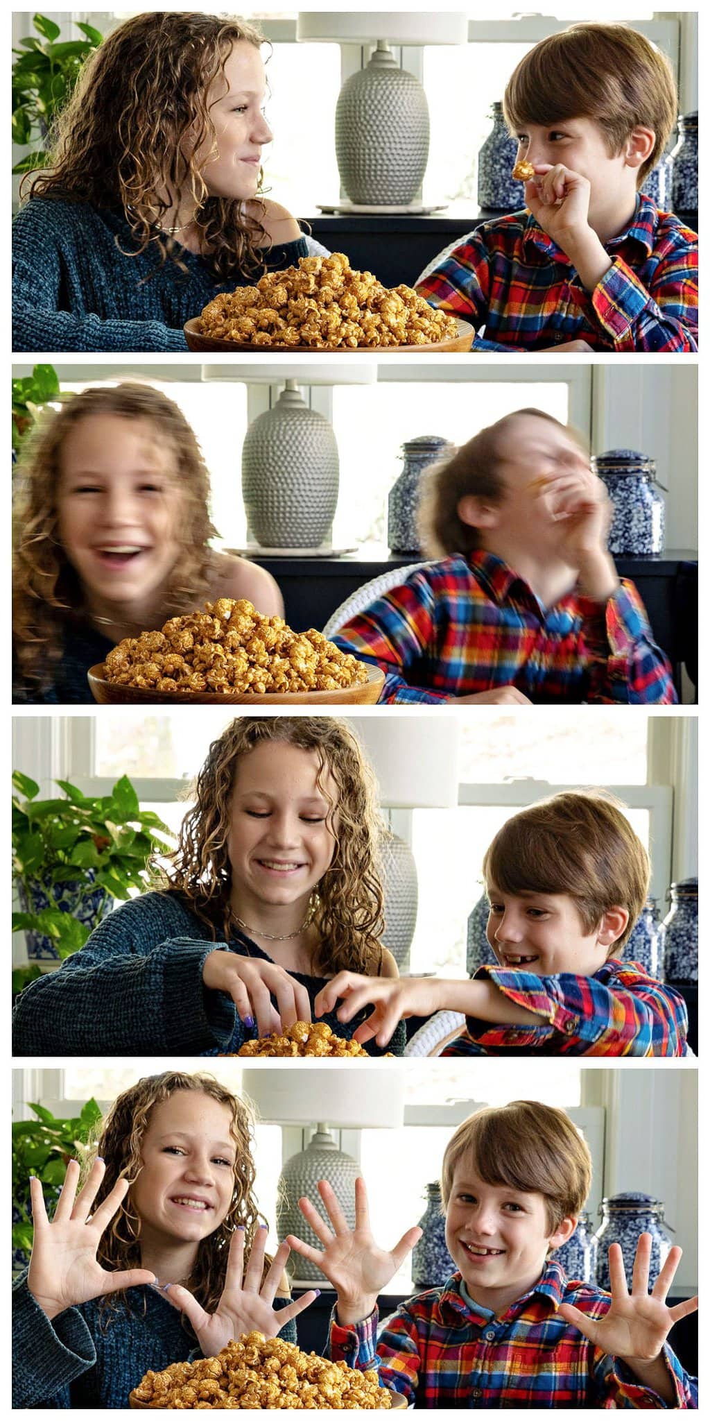 Vertical 4-photo collage of children enjoying a bowl of Ridiculously Easy Sea-Salted Microwave Caramel Corn.