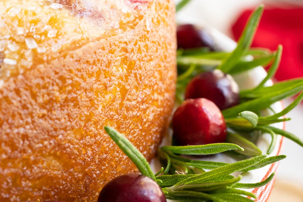 Horizontal extreme closeup photo of the side of a Ridiculously Easy Orange-Glazed Cranberry Cake with rosemary and cranberry garnishes along the edge.