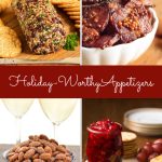 Vertical 4-photo collage of Easy Holiday Worthy Appetizers with a text ribbon through the center of the photos.