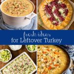 Vertical 4-photo collage of Fresh Ideas for Leftover Turkey with a blue banded word graphic running through the center of the pictures.