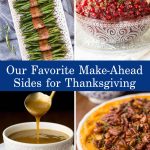 Vertical 4-photo collage of Easy and Delicious Thanksgiving Sides with a text graphic running through the middle of the photos.