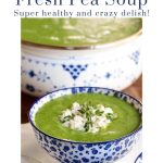 Vertical closeup photo of a bowl and a pot of Ham and Fresh Pea Soup.
