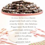 Vertical photo of a batch of Peppermint Bark Brittle on a white pedestal plate decorated with red and white checkered ribbon.
