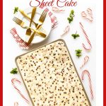 Vertical overhead photo of a Ridiculously Easy Chocolate Peppermint Sheet Cake surrounded by candy canes and fresh mint leaves.