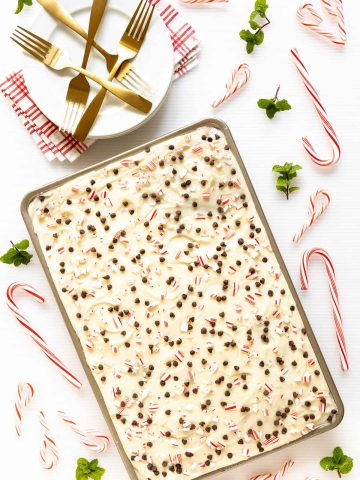 Overhead picture of Chocolate Peppermint Sheet Cake with Candy Canes