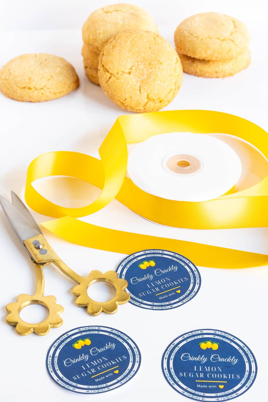 Vertical photo of Crinkly Crackly Lemon Sugar Cookie custom labels for gift giving.