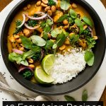 Vertical closeup photo of 30-Minute Thai Peanut Chicken with a text graphic title at the bottom of the photo.