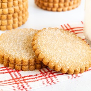 Horizontal closeup photo of Mexican Sugar Cinnamon Shortbread on a red and white striped napkin.