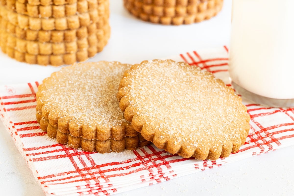 Horizontal closeup photo of a batch of Mexican Sugar Cinnamon Shortbread cookies.