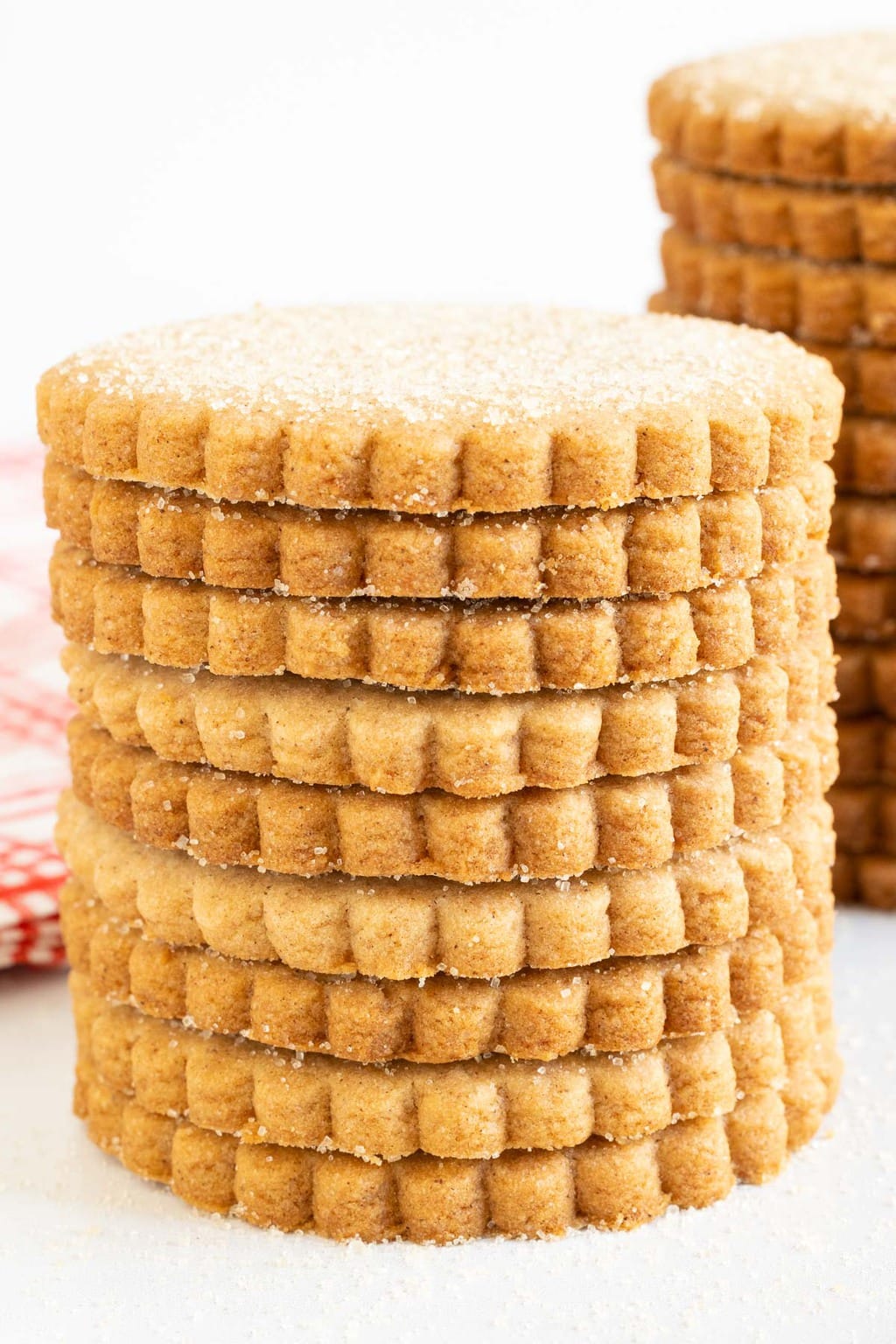 Vertical extreme closeup photo of a stack of Mexican Sugar Cinnamon Shortbread cookies.