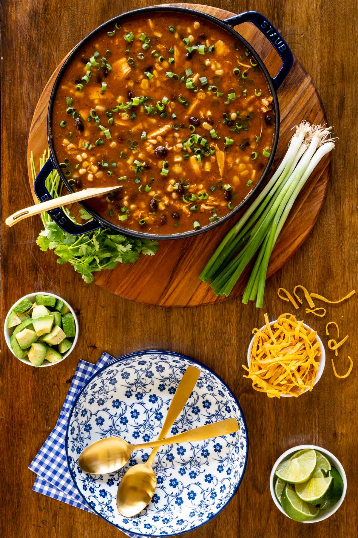 Vertical overhead photo of a pot of Southwestern Black Bean Chicken Tortilla Soup surrounded by garnishes and tortilla strips.