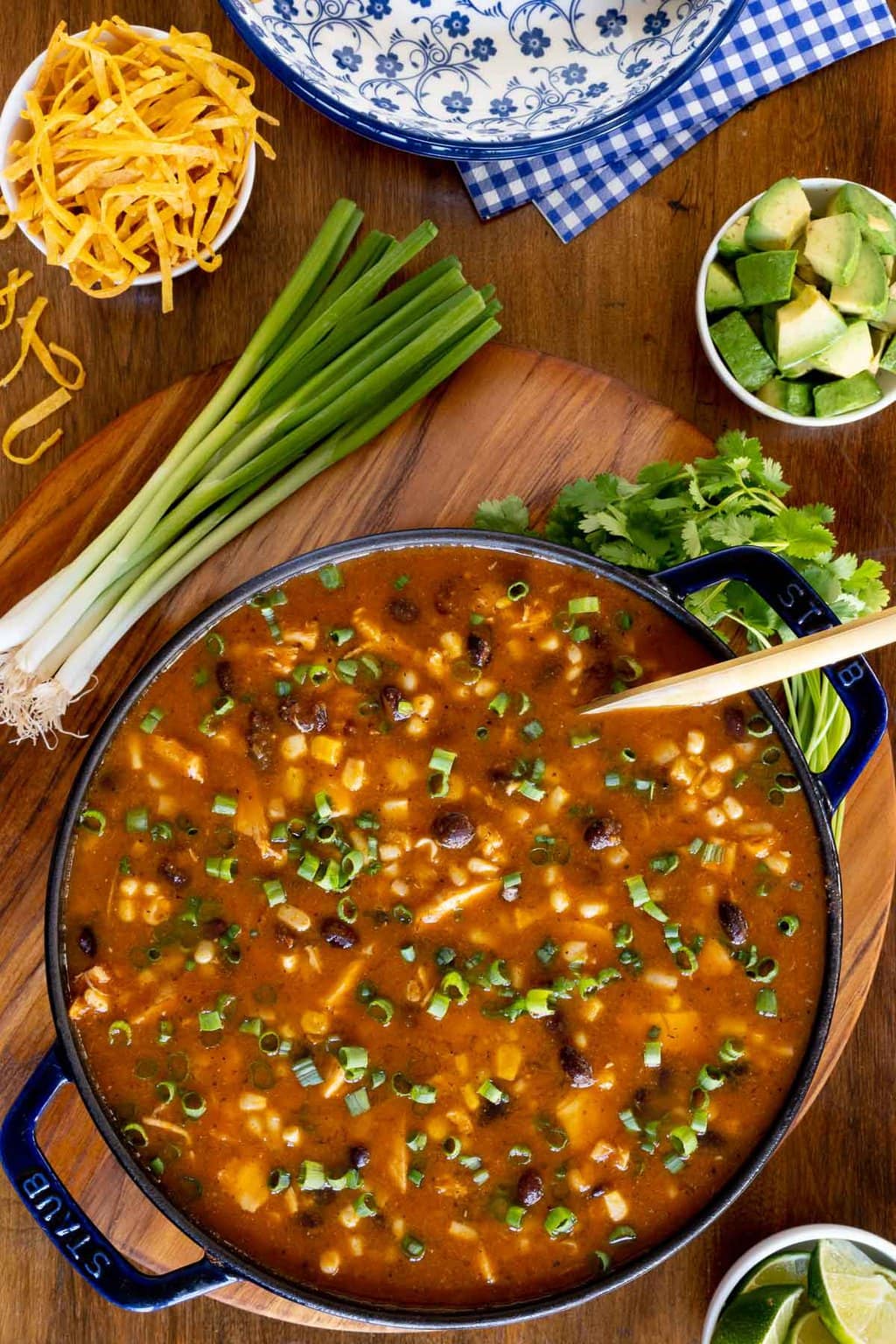 Overhead vertical photo of a pot of Southwestern Black Bean Chicken Tortilla Soup surrounded by fresh vegetables, diced avocados, cilantro and baked tortilla strips.