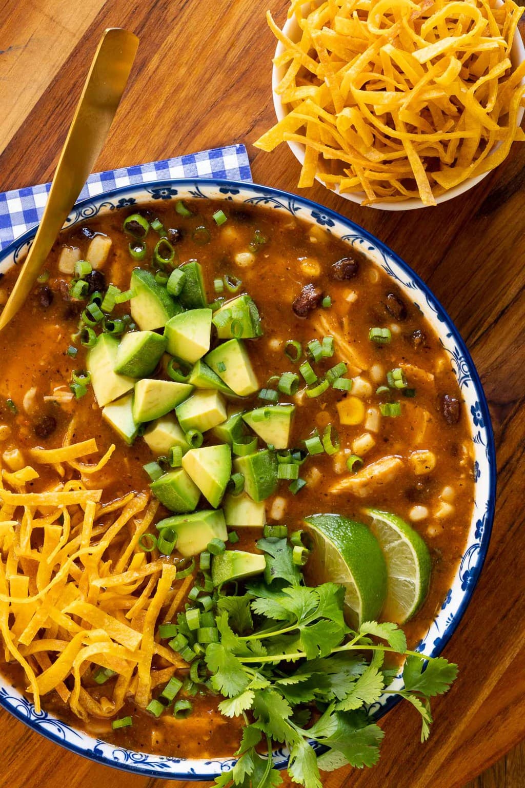 Overhead photo of a bowl of Southwestern Black Bean Chicken Tortilla Soup garnished with tortilla strips, lime wedges, diced avocado, and fresh sliced onions.