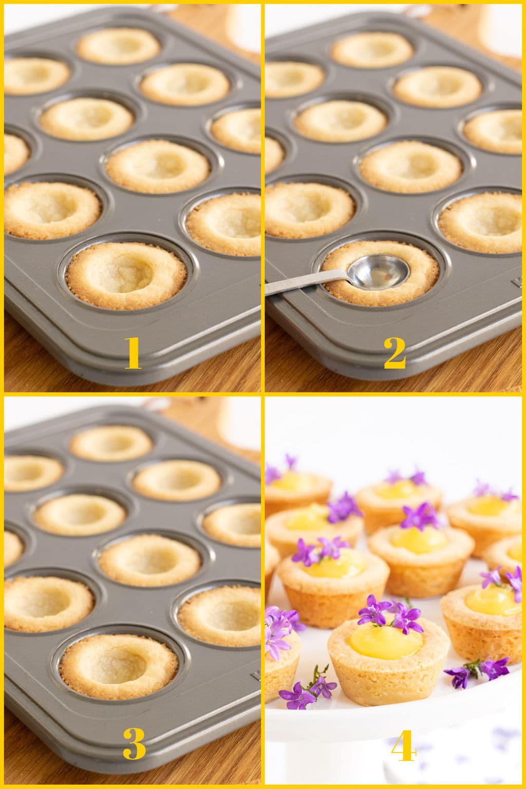 Vertical 4-step how-to-do photos demonstrating how to make the "dimples" for making Lemon Curd Shortbread Tarts.