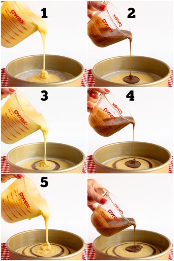 6 step vertical photo collage of how to pour the batter for making a Mexican Churro Cake.