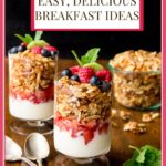 Vertical red framed photo of several Double Paleo Granola parfaits with yogurt and fresh berries.