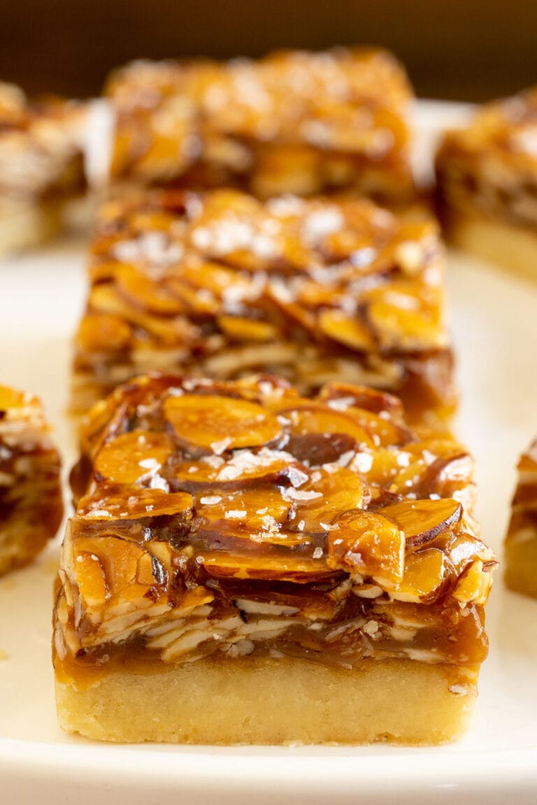 Vertical close up picture of Honey Caramel Almond Shortbread Bars