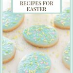 Vertical photo of Spring Shortbread Cookies iced in pastel colors with sprinkles.