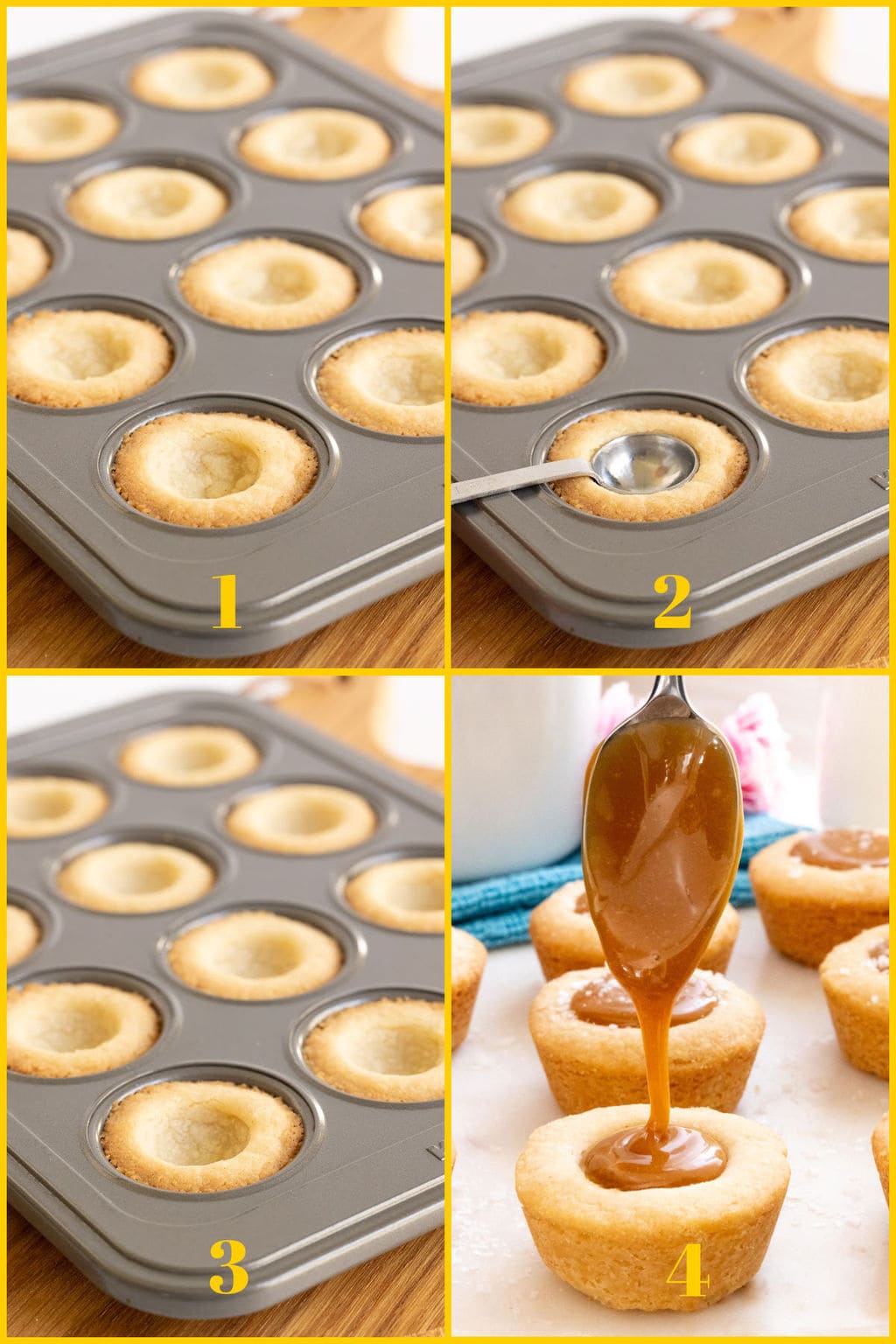 Vertical 4-photo tutorial collage of how to finish making wells for the caramel for Ridiculously Easy Salted Caramel Shortbread Bites.