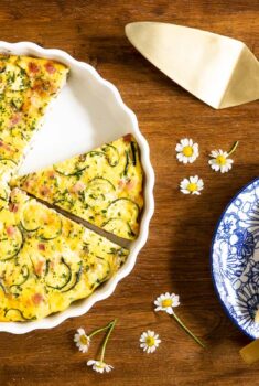 Horizontal overhead photo of a Southwestern Zucchini Ham Crustless Quiche on a round wood serving plate.