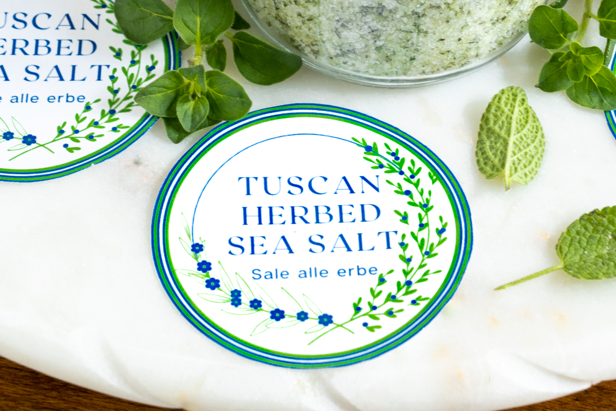 Horizontal extreme closeup photo of a custom label for gifting bottles of Tuscan Herbed Sea Salt (Sale alle Erbe).