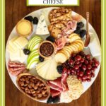 Vertical overhead photo of an appetizer tray featuring cheeses with a text graphic block at the top of the photo.